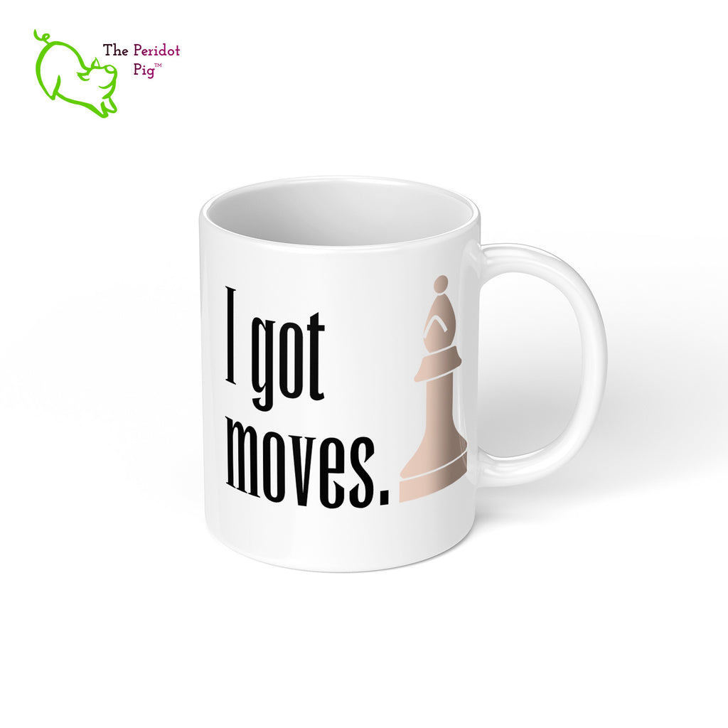 These bright white mugs are perfect for the chess fan. Bishop - I've got moves. Right view.