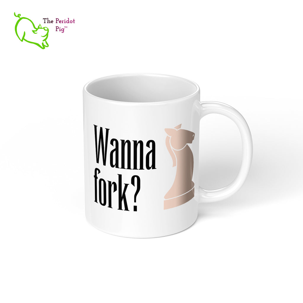 These bright white mugs are perfect for the chess fan. Knight - Wanna fork? Right view.