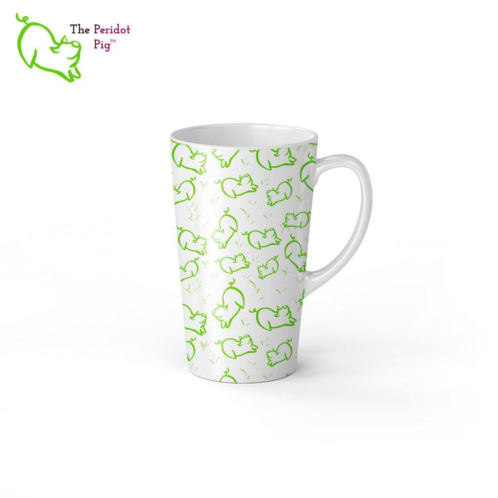 Peri's perky little peridot self is frolicking across this mug. Frolicking so much that you have to call it dancing a pig jig. These latte mugs have a distinctive shape and can be purchased in either a 12 oz or 17 oz size. Right view 17 oz.
