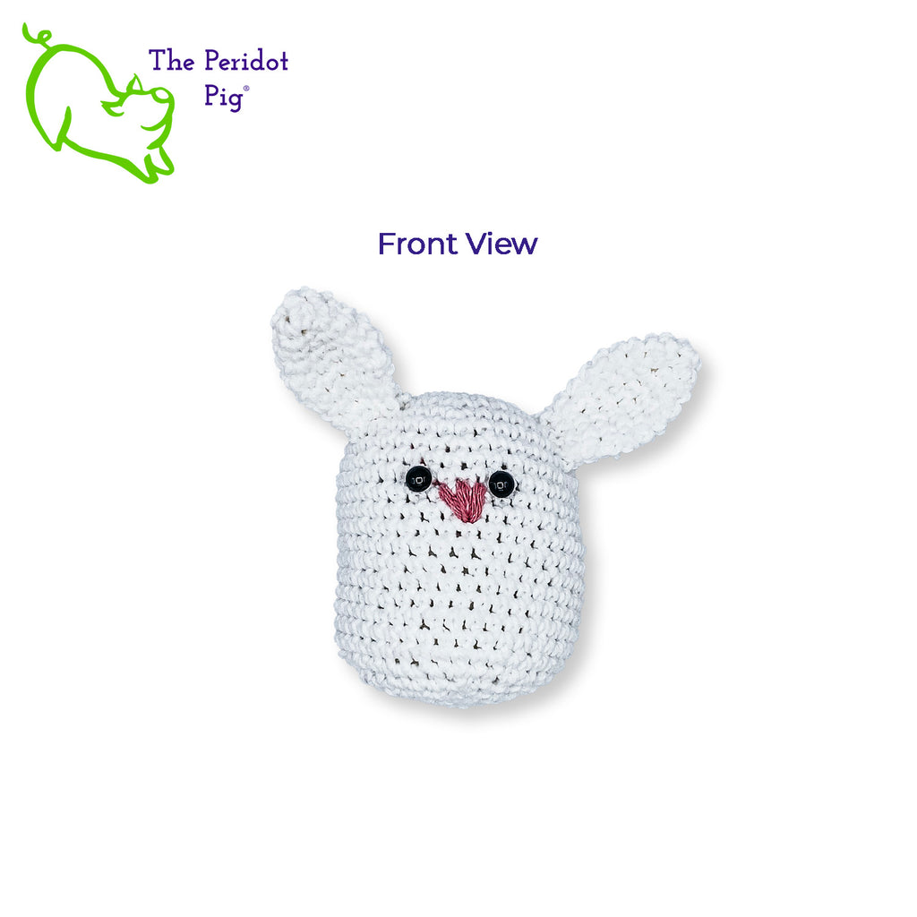 Thus began the downward spiral into the rabbit hole of crochet amigurumi...appropriately a little stylized bunny! He's kinda cute with his little pink stitched nose. Our bunny is made from 100% cotton yarn with black plastic safety eyes. Front view shown.