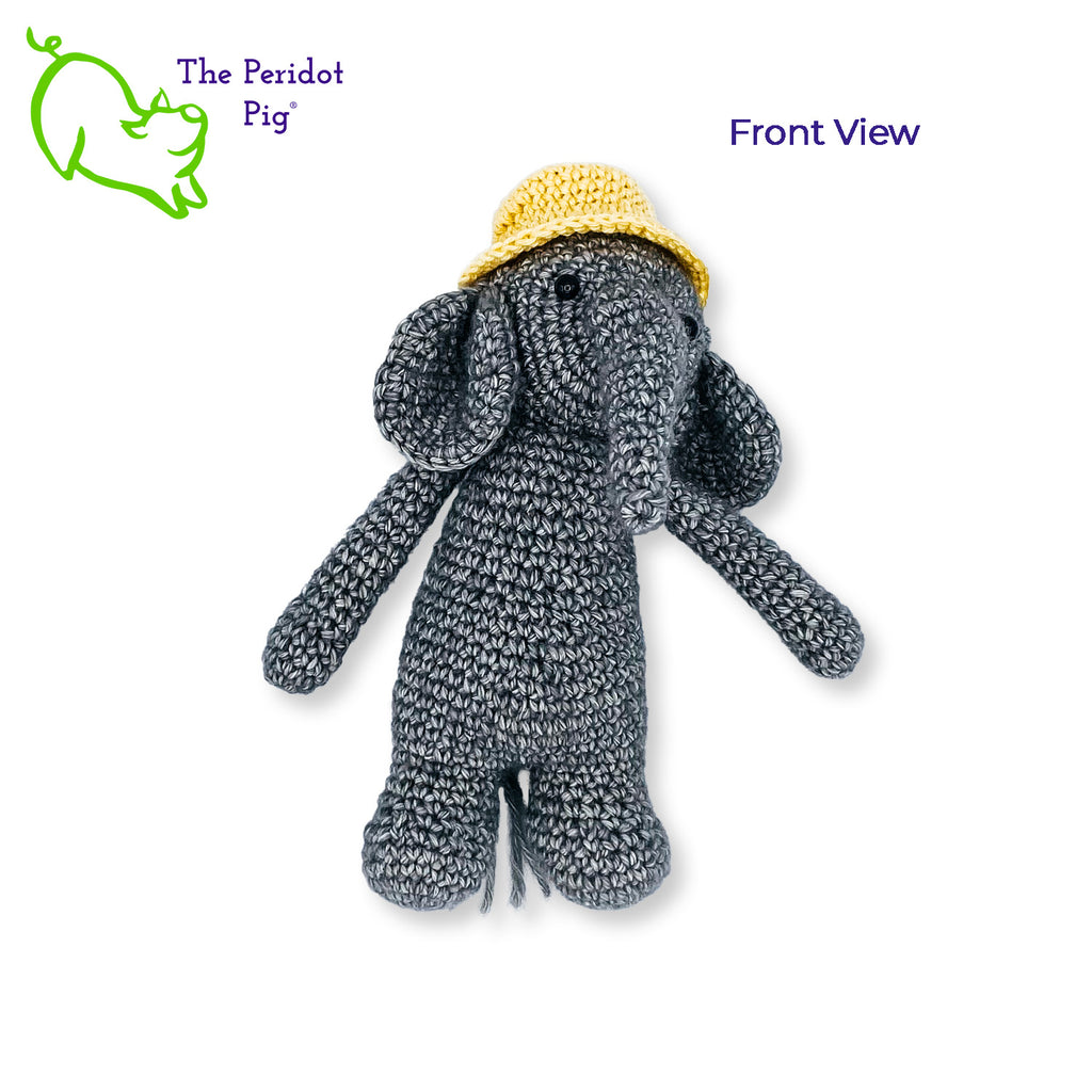 Ollie is sporting a little yellow, dad hat. We really think all elephants should wear a bucket hat. It really becomes him! He's hand crocheted out of a soft cotton/acrylic blend and will last a lifetime. His cute little hat is tacked on so it won't get lost. Front view shown.