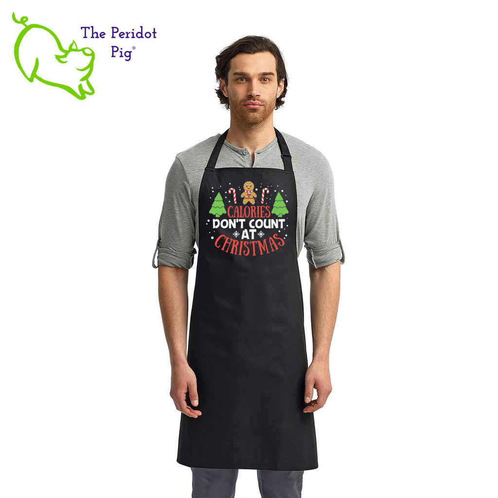 Calories don't count for free food and at Christmas. That's my story and I'm sticking to it! If you abide by this rule, here's the perfect apron for you.  The front says, "Calories don't count at Christmas" in bright festive colors. There are trees, candy canes, a gingerbread man and snow flakes to round out the design. Front view shown in Black.