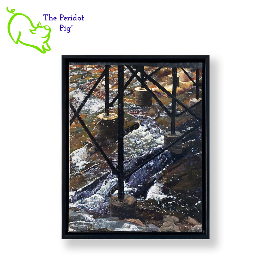 An original oil painting by artist C. Lynn Arnold (signed "LYNZ").  A painting depicting a structural view against a backdrop of a busy creek in South Georgia. 