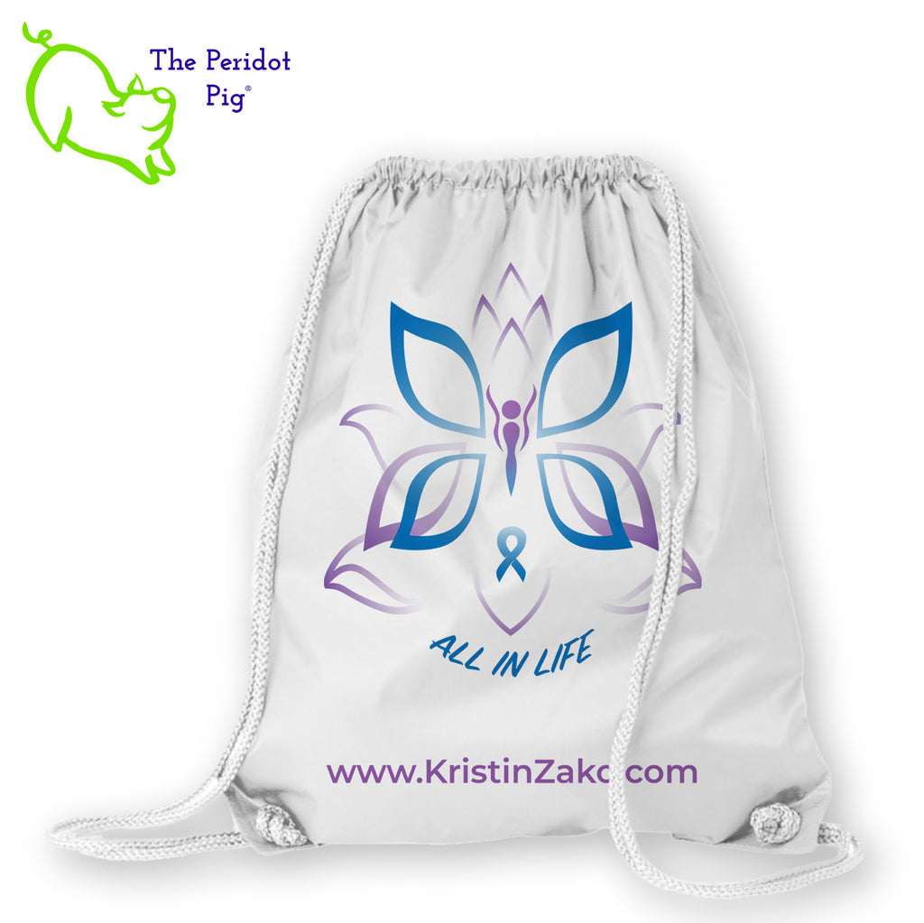These large cinch totes a great hit with students and adults! They are roomy for all your quick getaway needs. The front features the Kristin Zako's All in Life logo. Front view.