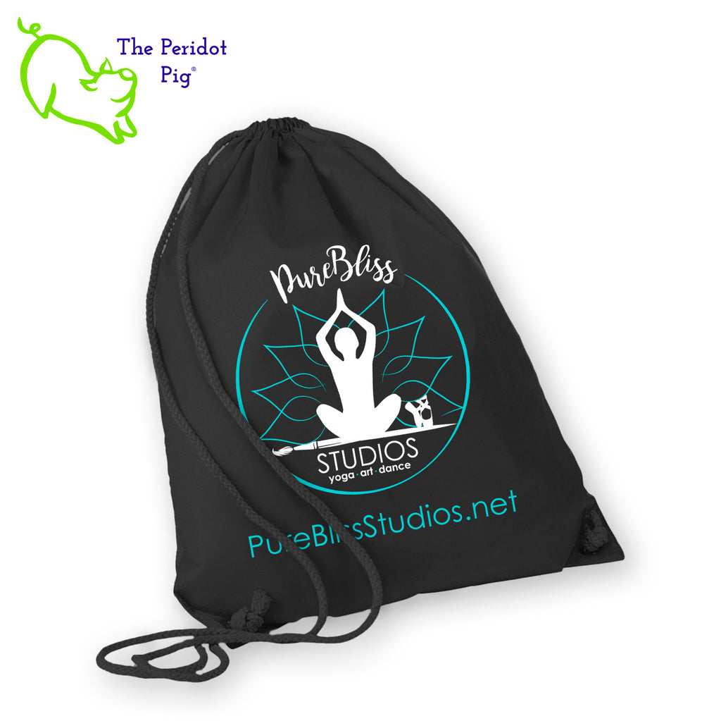 These large cinch totes a great hit with students! The front features the PureBliss Studios logo. Shown in black.