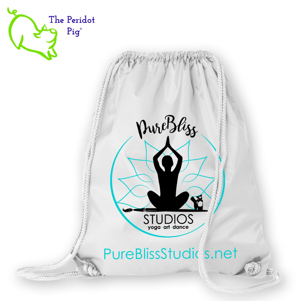 These large cinch totes a great hit with students! The front features the PureBliss Studios logo. Shown in white