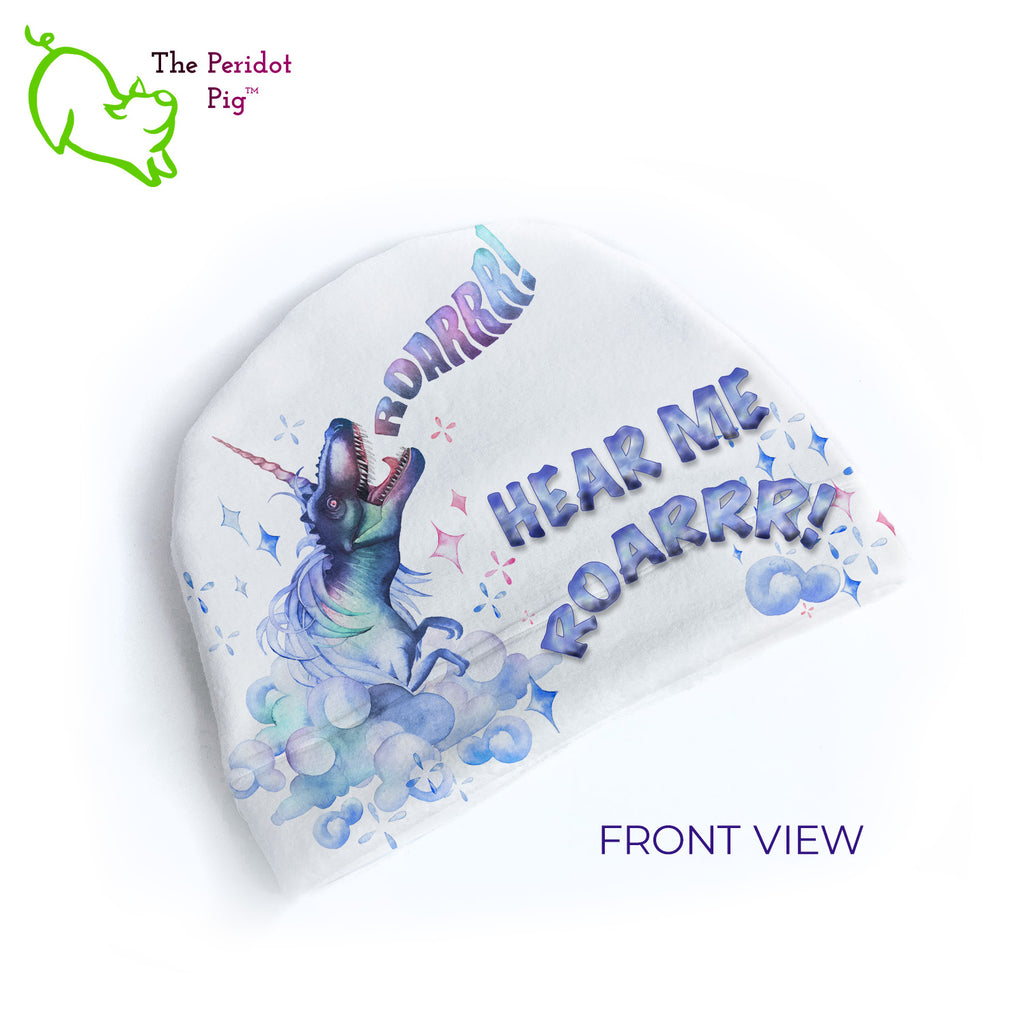 Express your individuality with this "HEAR ME ROAR!" fleece beanie. When you're fierce like a T-Rex and unique as a unicorn, this is the hat for you or that favorite person in your life. Featuring the beautiful watercolor art of Katrine Glazkova, make people smile at your style. Front view.