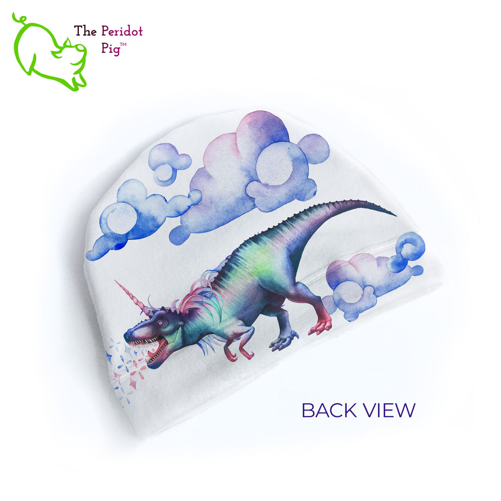 Express your individuality with this "HEAR ME ROAR!" fleece beanie. When you're fierce like a T-Rex and unique as a unicorn, this is the hat for you or that favorite person in your life. Featuring the beautiful watercolor art of Katrine Glazkova, make people smile at your style. Back view.