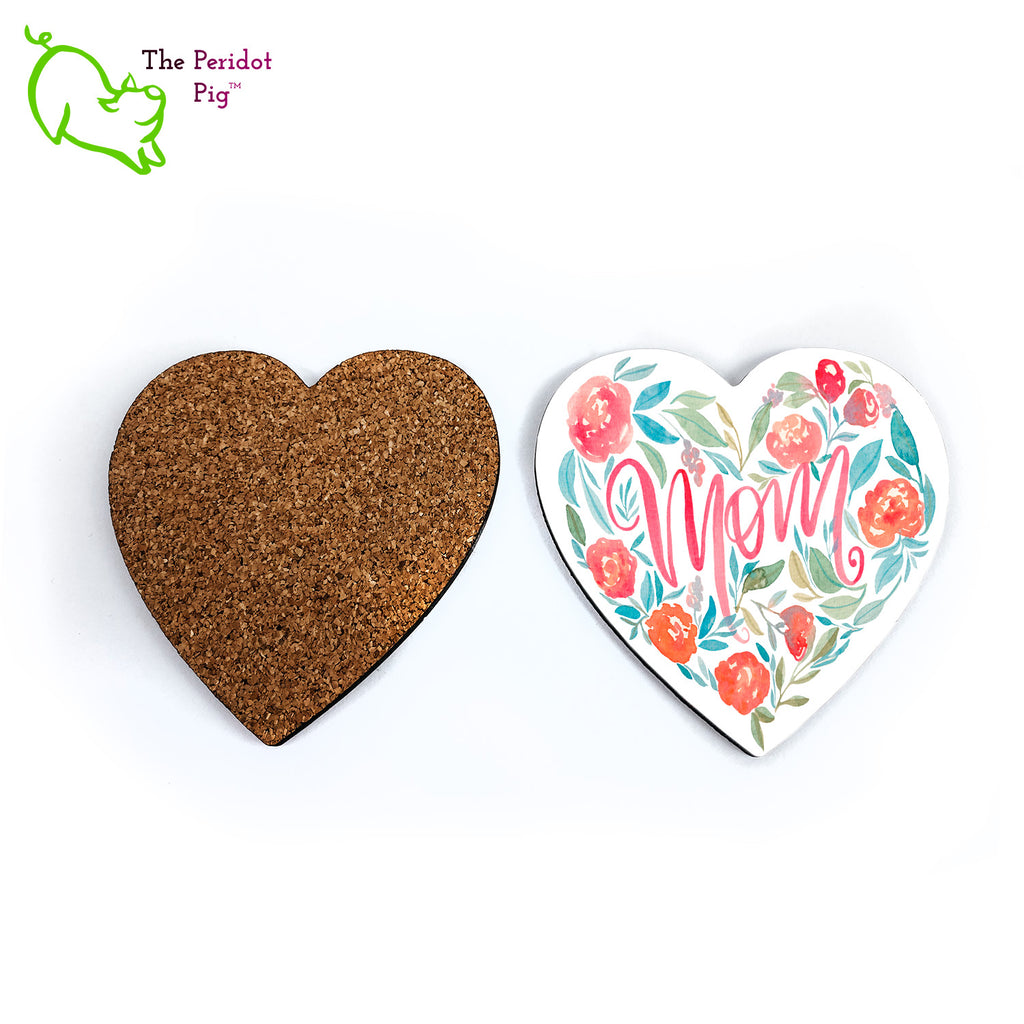 This lovely set of four heart-shaped coasters is the perfect gift for Mom. Each is printed with a floral heart wreath with the word, Mom, in the center. The coasters are printed in a durable ink that won't fade over time. Showing front and back.