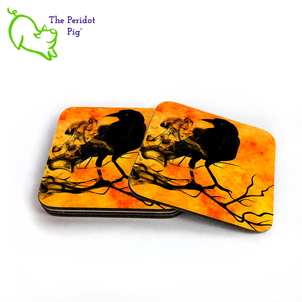 How about a murder of crows to keep your tables protected this Halloween? This set of four square coasters is printed in bright colors on either a matte or a gloss coaster. The coasters are a mottled yellow and orange with a smokey crow image. Shown in a stack.