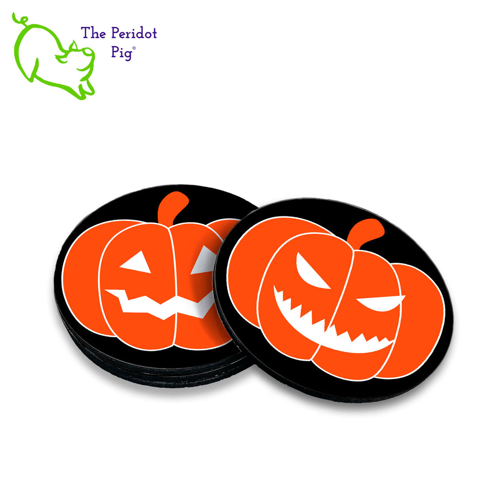A cute treat for your Halloween party! This set of four round coasters have simple carved pumpkin designs that bring out the Halloween spirit. Each coaster features a different jack-o-lantern face. Shown in a stack.