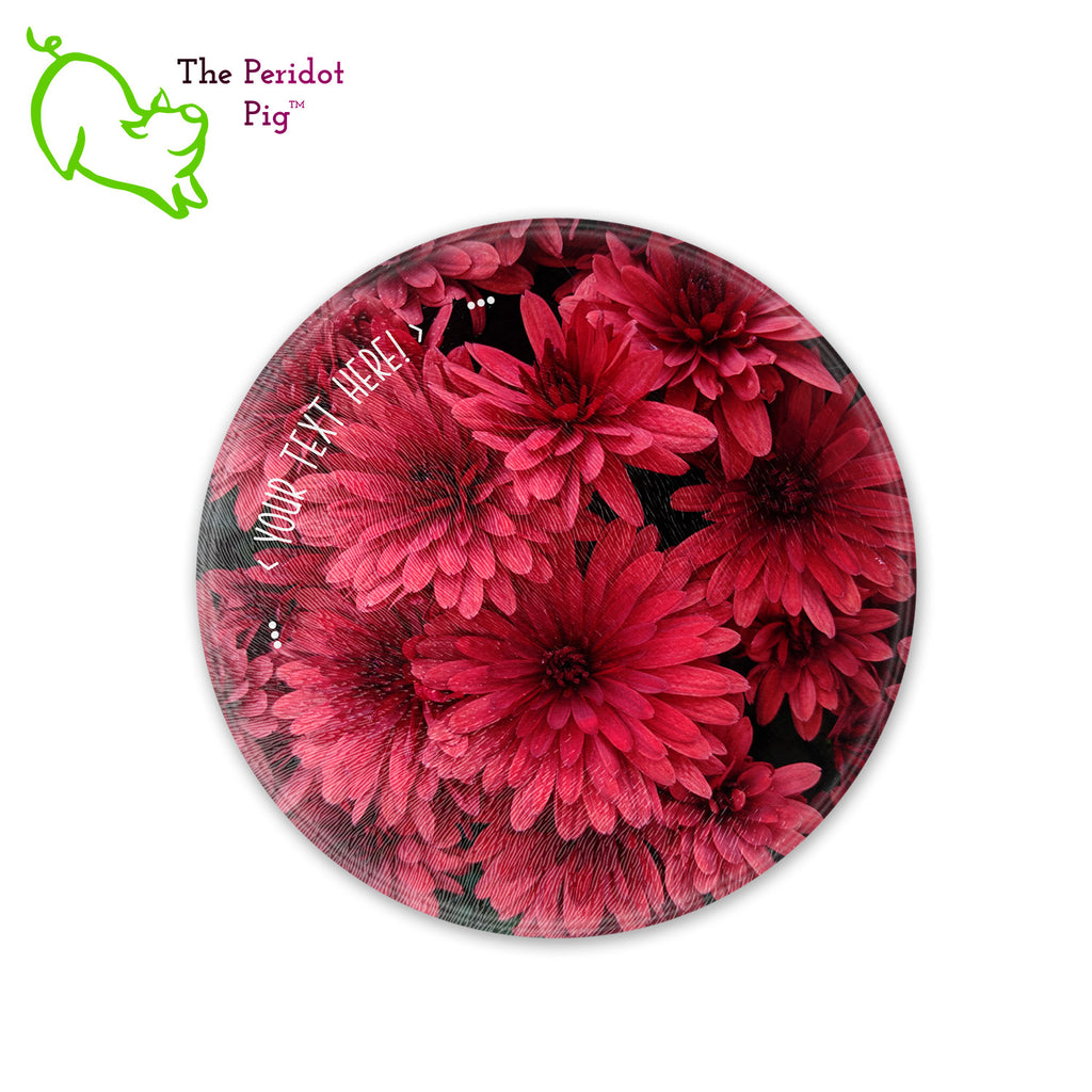 This beautiful tempered glass cutting board is a wonderful keepsake!  It can be personalized with names, quotes or dates. This one features bright pink dahlias in a vivid and detailed print. Perfect for cutting or using as a serving board! Front view.