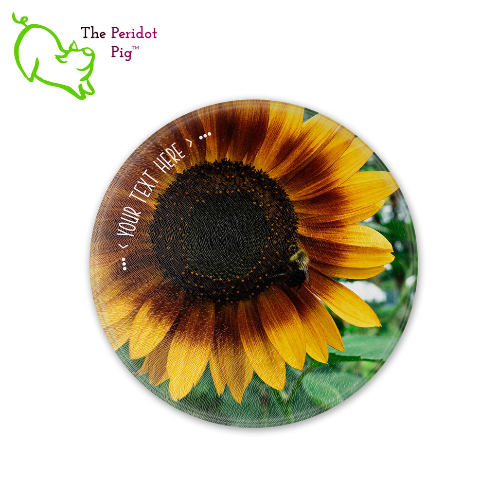 This beautiful tempered glass cutting board is a wonderful keepsake!  It can be personalized with names, quotes or dates. This one features a bright yellow sunflower with a cute little honey bee in a vivid and detailed print. Perfect for cutting or using as a serving board! Front view.