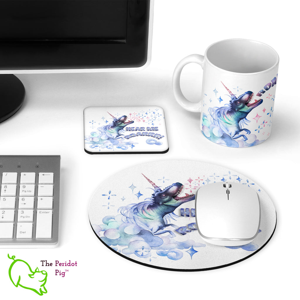 When you need a gift (or a treat for yourself) for someone who is fierce like a T-Rex and unique like a unicorn, check out this awesome desk set of products! It comes with a round mouse pad, a matching 11 oz mug and a coaster in either gloss or matte finish. Image showing all three products in the set.