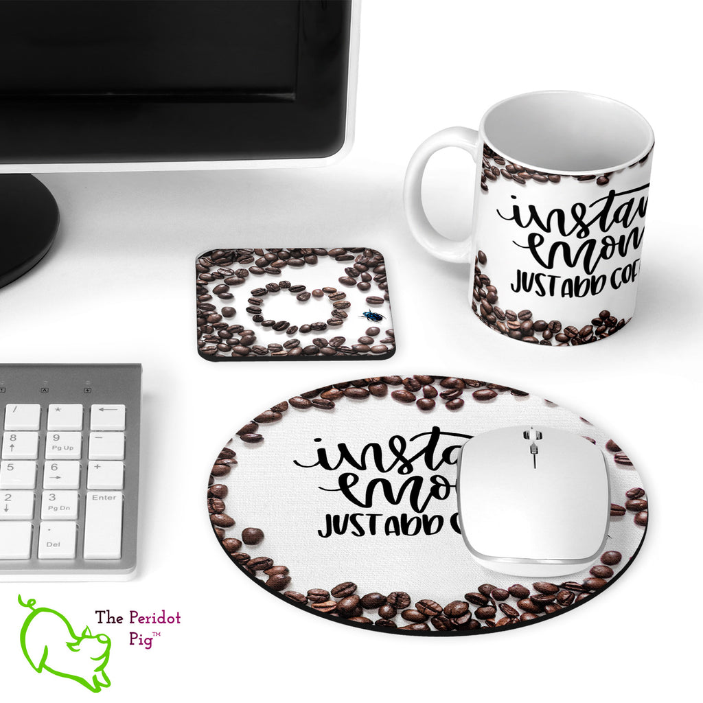 The desk set comes with a round mouse pad, a matching 11 oz mug and a coaster in either gloss or matte finish. Plus you save some money by purchasing the set! 