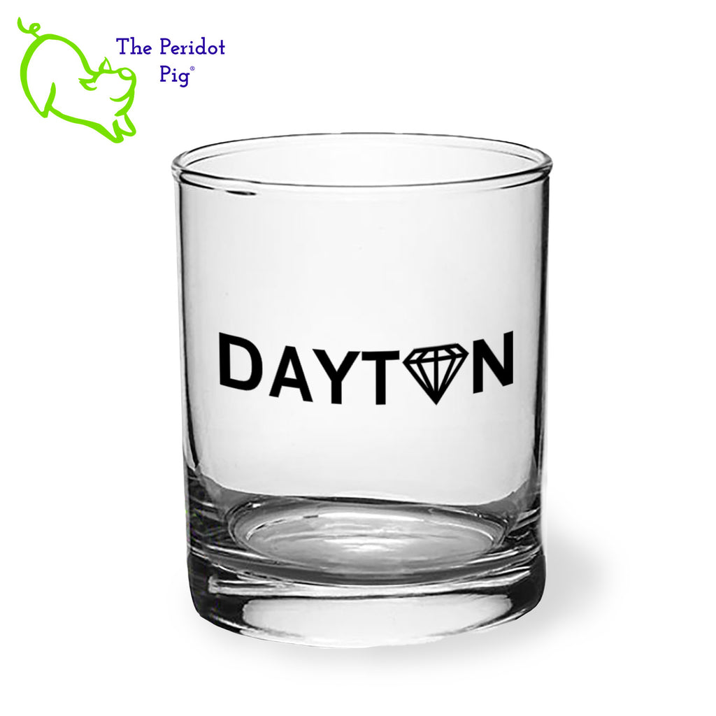 A classic rocks glass with the Dayton gem logo in black on the front. The back is undecorated. The 12.5 oz. Libbey Lexington Double Old Fashioned is crystal clear and feels great in your hand. Front view shown.