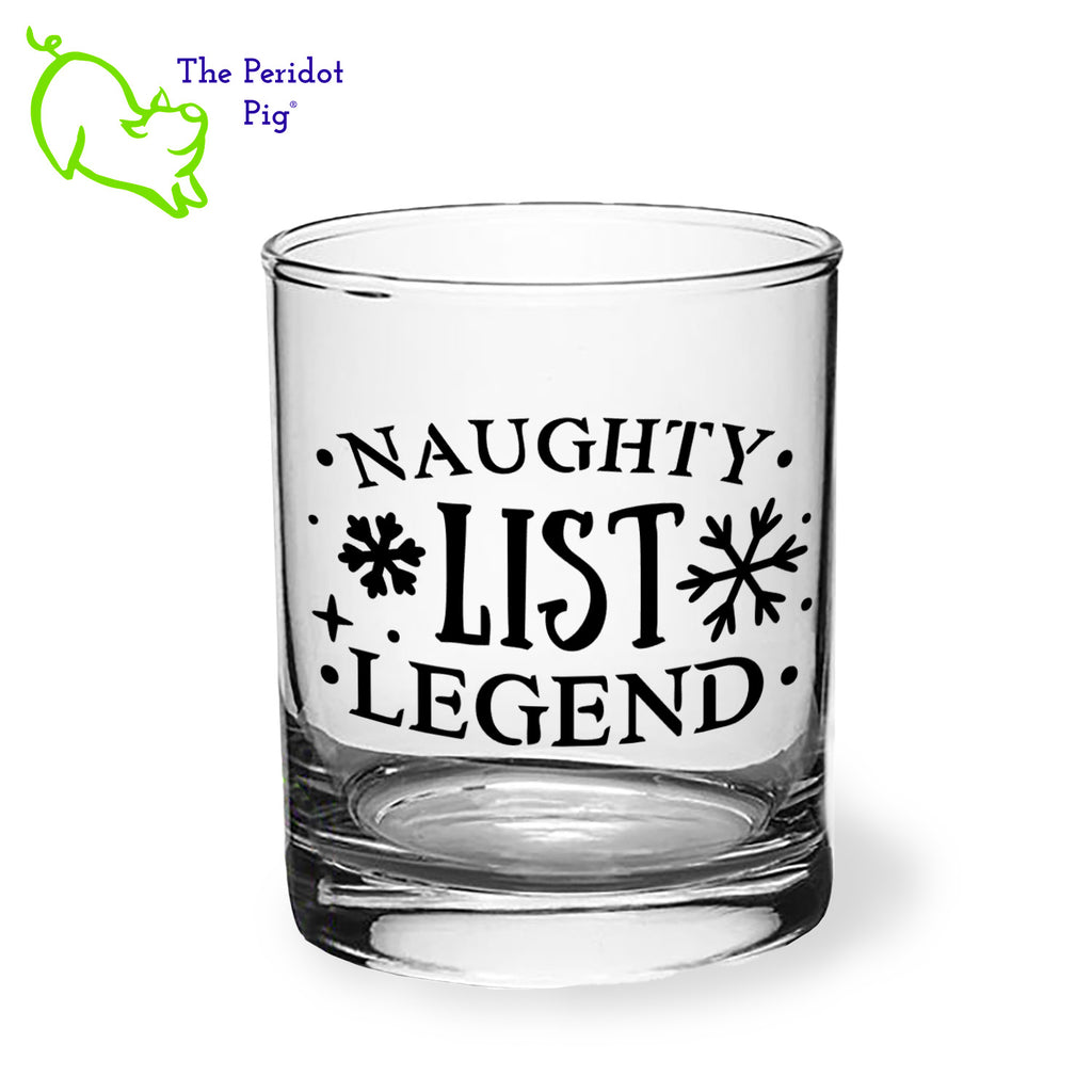 A classic rocks glass with four funny "naughty" sayings on the front in black. The back is undecorated. This 12.5 oz double old fashioned glass is crystal clear and feels great in your hand. These are perfect for the holiday gatherings or a great secret Santa gift! Front view, style D shown.