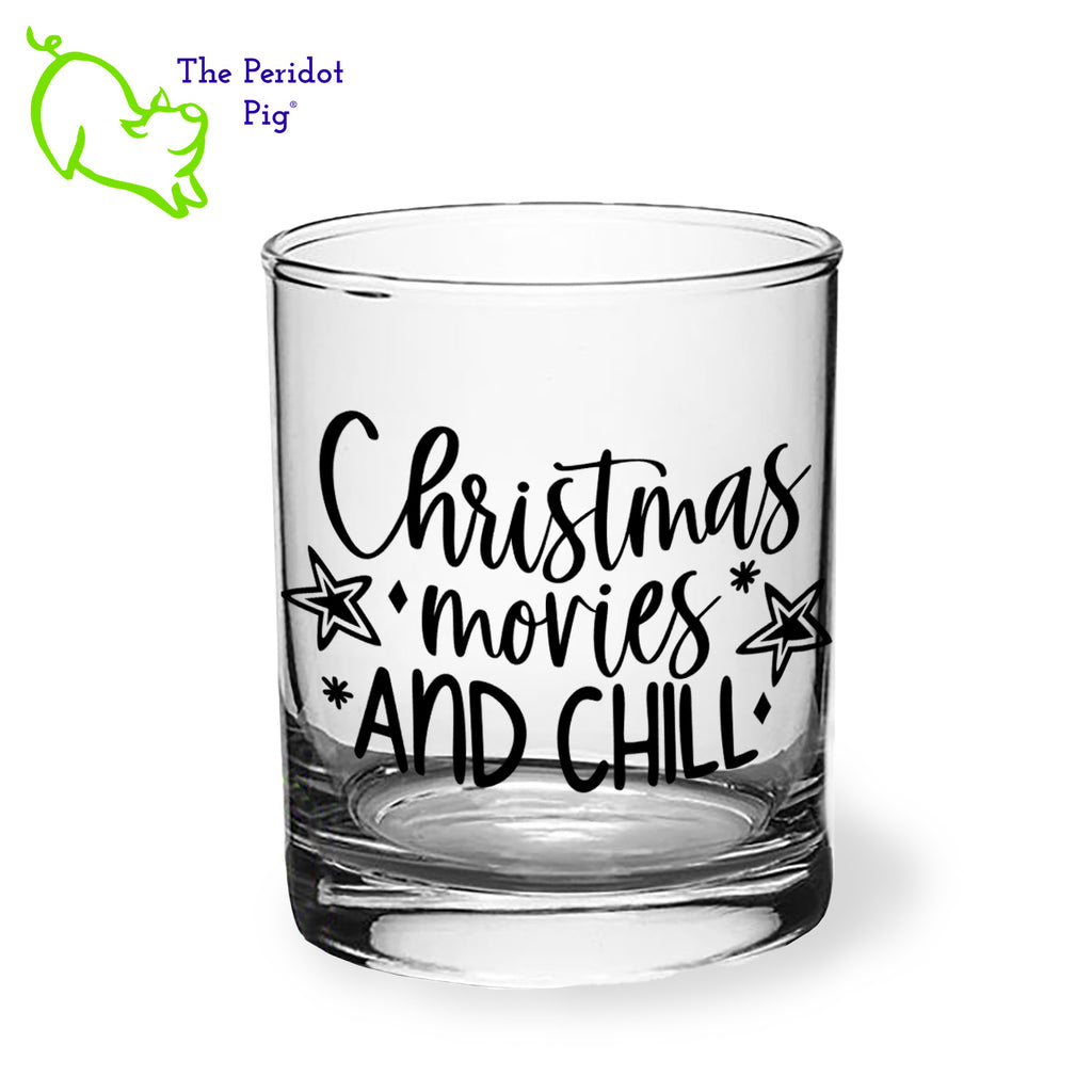 A classic rocks glass with four funny Christmas season sayings on the front in black. The back is undecorated. This 12.5 oz double old fashioned glass is crystal clear and feels great in your hand. These are perfect for the holiday gatherings or a great secret Santa gift! Front view, style A shown.