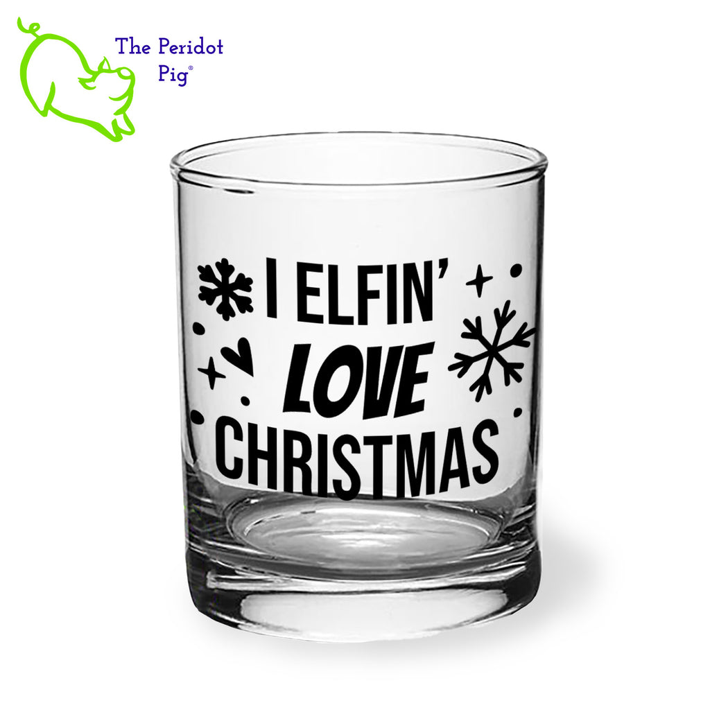 A classic rocks glass with four funny Christmas season sayings on the front in black. The back is undecorated. This 12.5 oz double old fashioned glass is crystal clear and feels great in your hand. These are perfect for the holiday gatherings or a great secret Santa gift! Front view, style B shown.