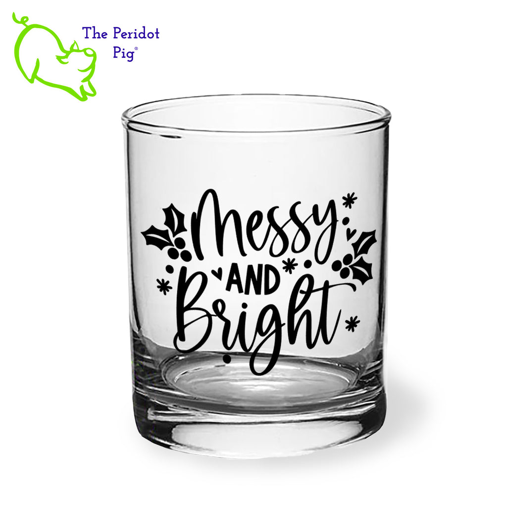 A classic rocks glass with four funny Christmas season sayings on the front in black. The back is undecorated. This 12.5 oz double old fashioned glass is crystal clear and feels great in your hand. These are perfect for the holiday gatherings or a great secret Santa gift! Style B shown, front view.