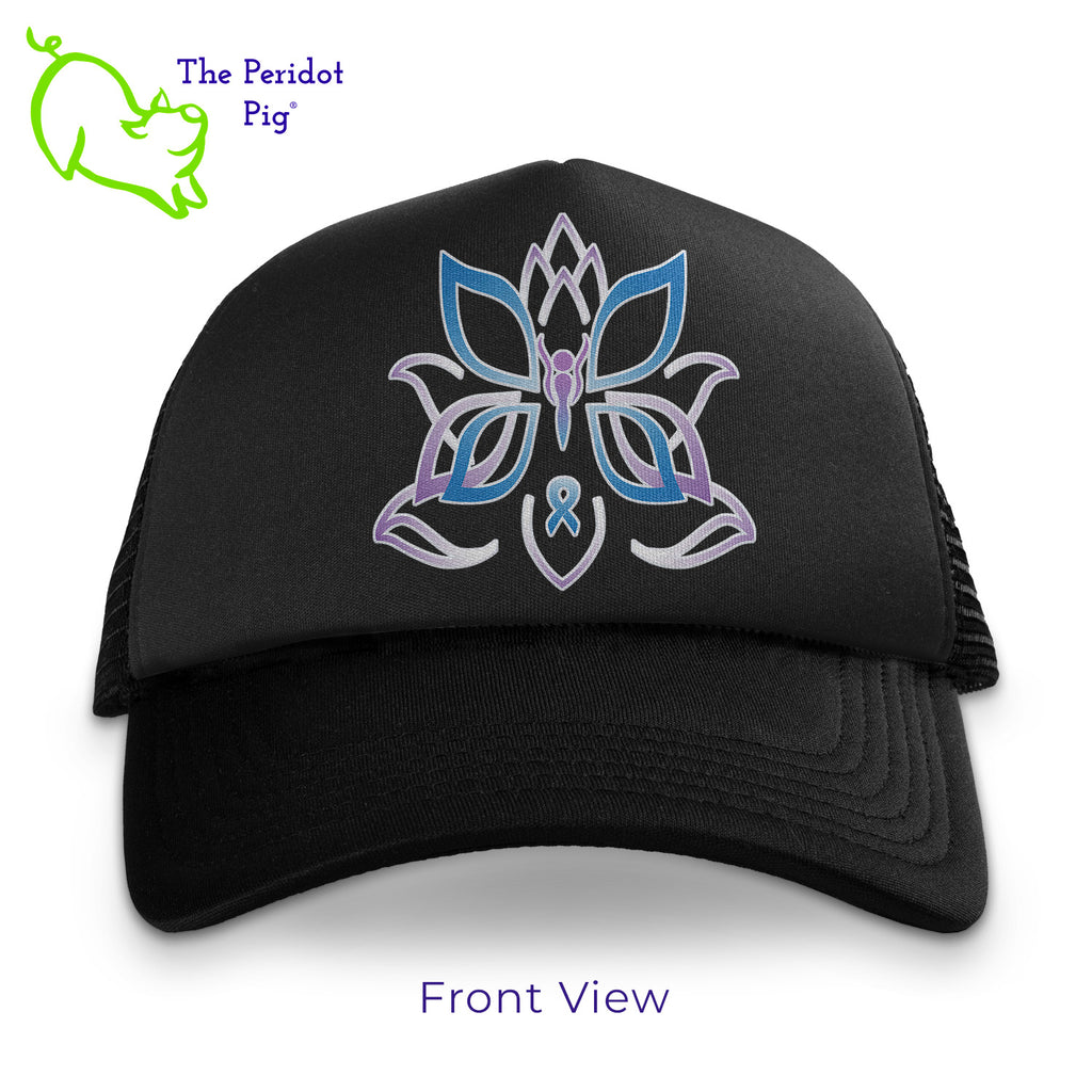 When you're out hiking in the woods, this mesh back structured trucker cap keeps the sun off your face but still stays cool. We're featuring Kristin Zako's All in Life logo on the front, printed on a white glitter vinyl. Front view.