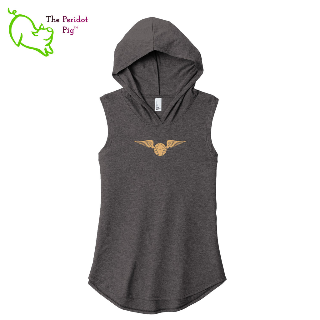 A perfect shirt for the HP fan featuring a subtle Golden Snitch design. This sweet little hoodie tank is super soft, lightweight, and form-fitting (but not too tight in the mid-section) with a flattering cut. The arm holes have a finished rib knit edging. The front features a Golden Snitch in soft gold, metallic vinyl and the back is blank. Front view in Gray.