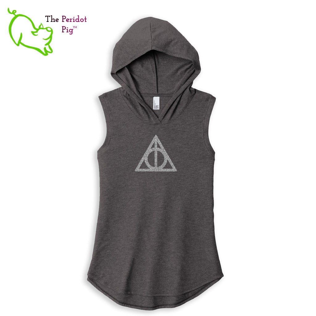 A perfect shirt for the HP fan featuring a silver glitter Deathly Hallows design. This sweet little hoodie tank is super soft, lightweight, and form-fitting (but not too tight in the mid-section) with a flattering cut. The arm holes have a finished rib knit edging. The front features a Deathly Hallows symbol in silver glitter vinyl and the back is blank. Front view shown in gray.