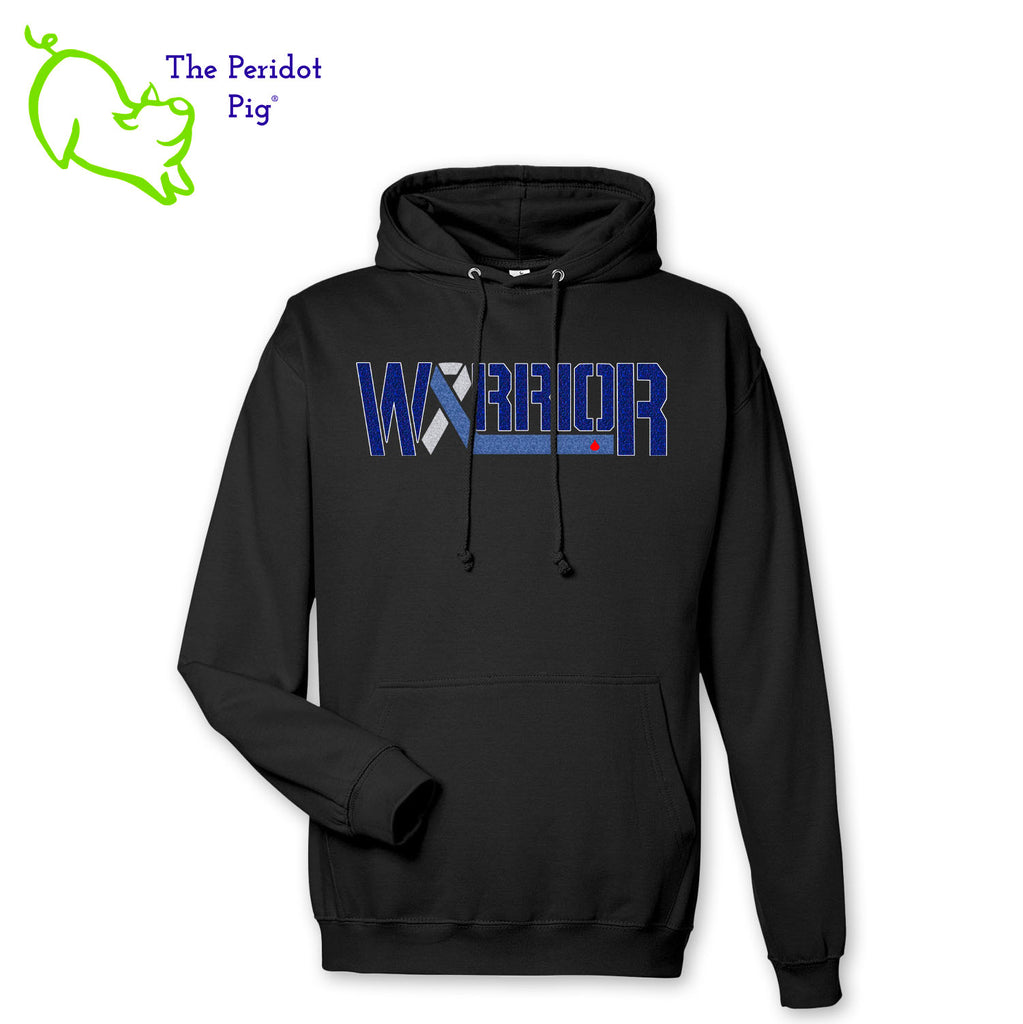 These hoodies are now available to celebrate November being National Diabetes Month. Here's a medium-weight comfy pullover hoodie featuring the word "Warrior" and the Diabetes Type 1 ribbon on the front. The image is crafted in dark blue holographic vinyl with silver and light blue glitter as well. The turquoise version has a gray contrasting hood interior and gray strings. Front view shown in Black.
