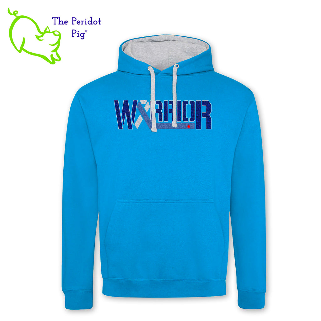 These hoodies are now available to celebrate November being National Diabetes Month. Here's a medium-weight comfy pullover hoodie featuring the word "Warrior" and the Diabetes Type 1 ribbon on the front. The image is crafted in dark blue holographic vinyl with silver and light blue glitter as well. The turquoise version has a gray contrasting hood interior and gray strings. Front view shown in Turquoise.