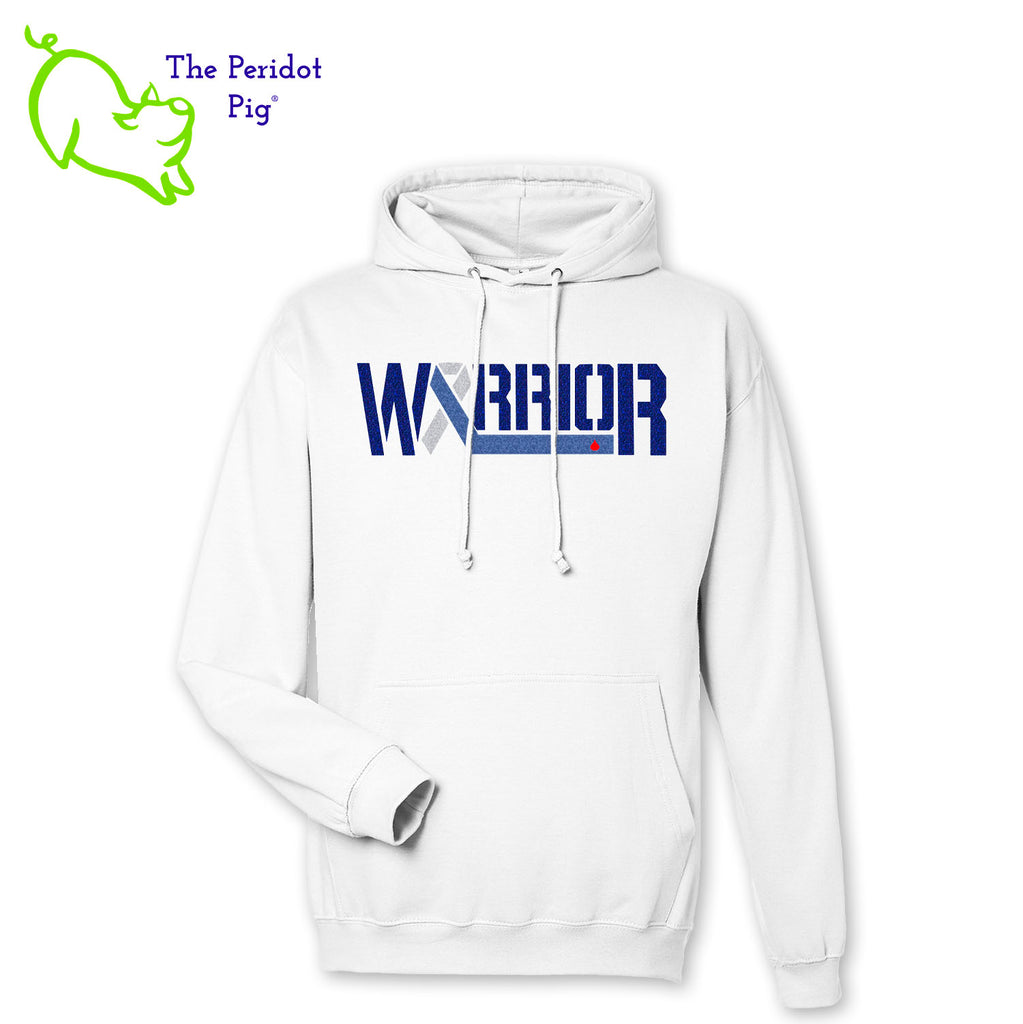 These hoodies are now available to celebrate November being National Diabetes Month. Here's a medium-weight comfy pullover hoodie featuring the word "Warrior" and the Diabetes Type 1 ribbon on the front. The image is crafted in dark blue holographic vinyl with silver and light blue glitter as well. The turquoise version has a gray contrasting hood interior and gray strings. Front view shown in White.