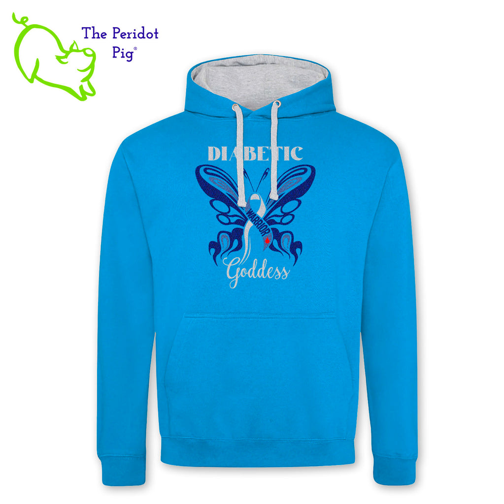 These hoodies are now available to celebrate November being National Diabetes Month. Here's a medium-weight comfy pullover hoodie featuring the words "Diabetic Warrior Goddess" and the Diabetes Type 1 ribbon surrounded by a stylistic butterfly on the front. The image is crafted in dark blue holographic vinyl with silver and light blue glitter as well. The turquoise version has a gray contrasting hood interior and gray strings. Front view shown in Turquoise.