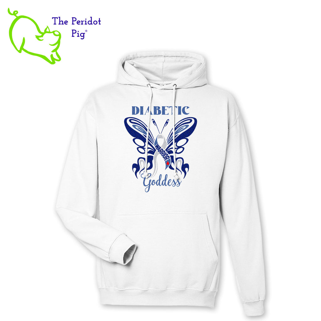 These hoodies are now available to celebrate November being National Diabetes Month. Here's a medium-weight comfy pullover hoodie featuring the words "Diabetic Warrior Goddess" and the Diabetes Type 1 ribbon surrounded by a stylistic butterfly on the front. The image is crafted in dark blue holographic vinyl with silver and light blue glitter as well. The turquoise version has a gray contrasting hood interior and gray strings. Front view shown in White.
