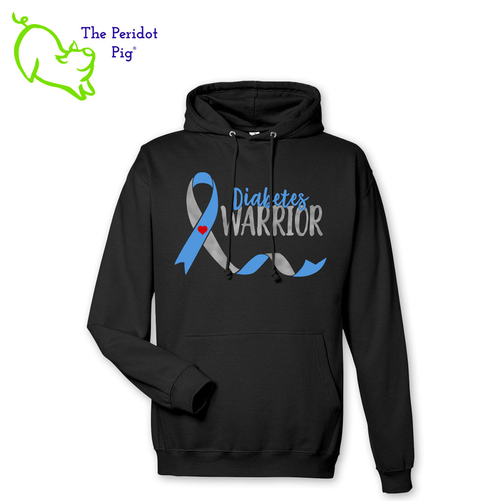Fall is here and we need some warm gear! These hoodies are now available to celebrate November being National Diabetes Month. Here's a medium-weight comfy pullover hoodie featuring the words "Diabetes Warrior" and the Diabetes Type 1 trailing ribbon on the front. The image is crafted in silver and blue vinyl with a little touch of a red heart. Shown in black, front view.