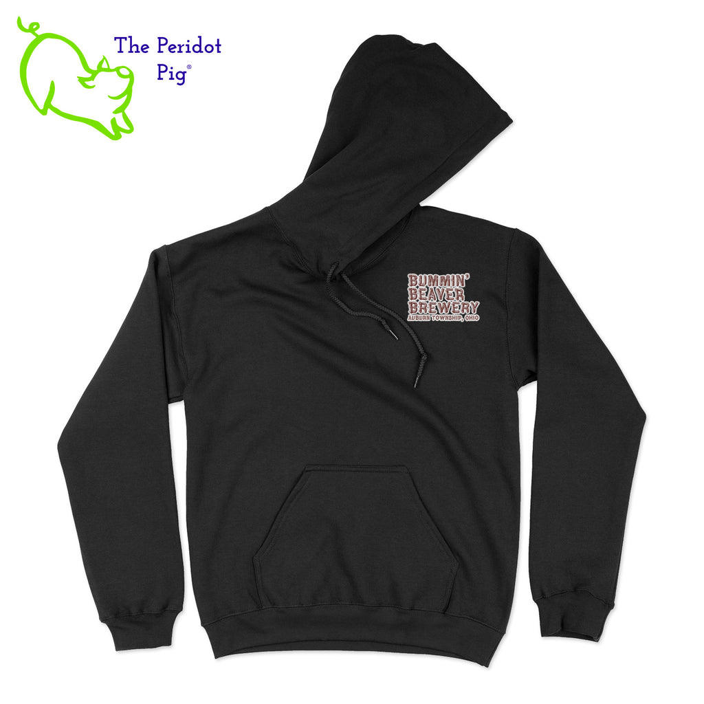 A standard pullover hoodie. The Bummin' Beaver logo is on the back. The text "Bummin' Beaver Brewery" and "Auburn Township, Ohio" is on the front. Front view shown in black.