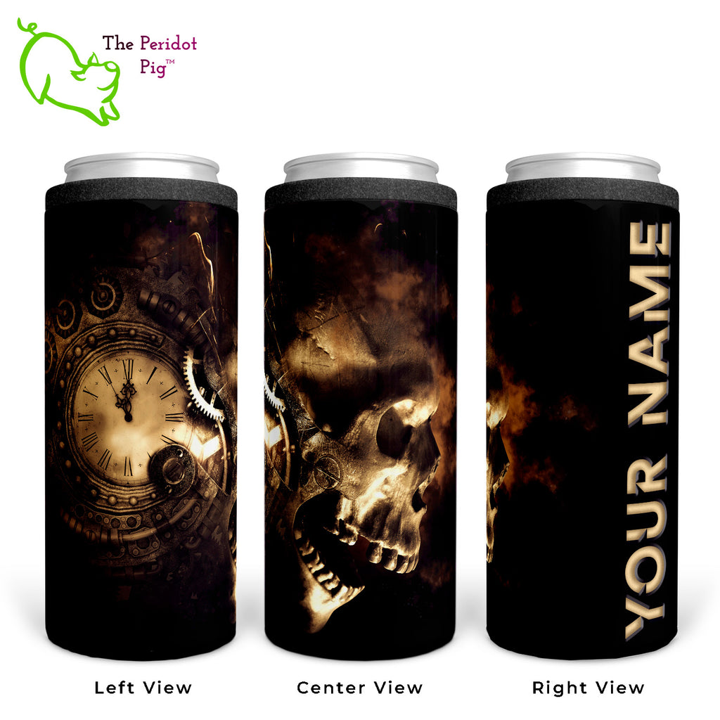 Clockworks, gears, skulls and smoke! What's not to love about this 20 oz tumbler spooky design? We'll add in your name or text in a chiseled looking font. Shown in three views.
