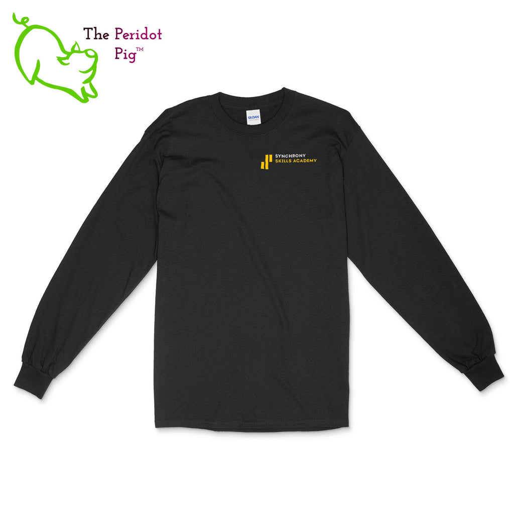 The Synchrony Financial Skills Academy Logo long sleeve shirt is made of 100% super soft cotton. The front features a small version of the logo on the left pocket area. The back has a larger version of the logo. Front view.