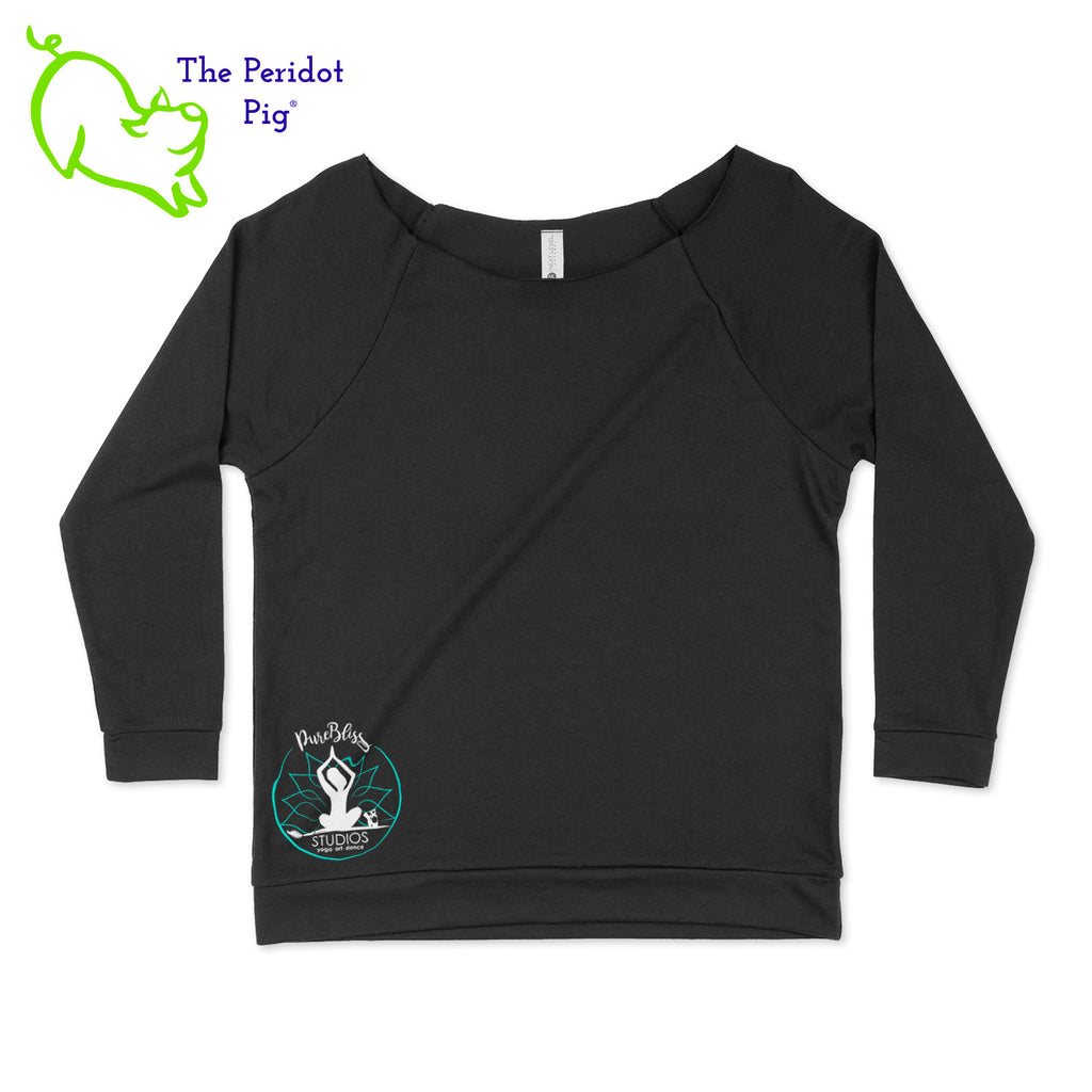 A relaxed light-weight sweat shirt with the collar cut out. The front features a small version of the PureBliss Studios logo on the lower right side. There's also a little "love" on the left inner sleeve. Front view shown in black.