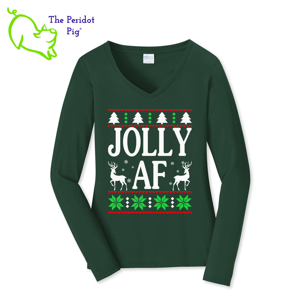 Shhh....we won't tell your mother-in-law what it means.  Enjoy this fun shirt and see if they finally ask.  Printed in bright color on a v-neck cotton, long sleeve t-shirt, it's perfect for the winter holidays! The front has a stylized sweater print with reindeer and the words, "Jolly AF". The back is undecorated. Front view shown in green.