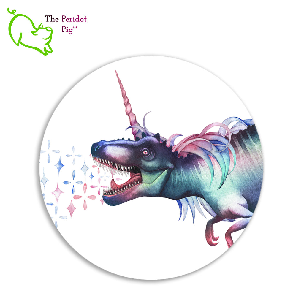 Express your individuality with this "DinoCorn" round mouse pad. When you're fierce like a T-Rex and unique as a unicorn, this is the mouse pad for you or that favorite person in your life. Featuring the beautiful watercolor art of Katrine Glazkova, this perfect accessory will make you smile. Front view.