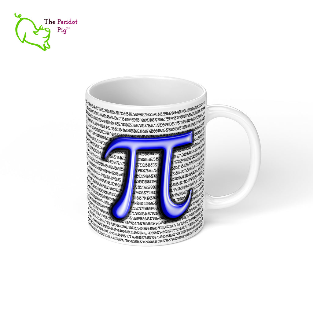 Would you like a little Pi to go with that coffee or tea? Here we have 5605 digits of Pi printed on a white, glossy 11 oz mug including a slice of cherry pie. What more could you ask for to celebrate Pi Day this year? Right view.
