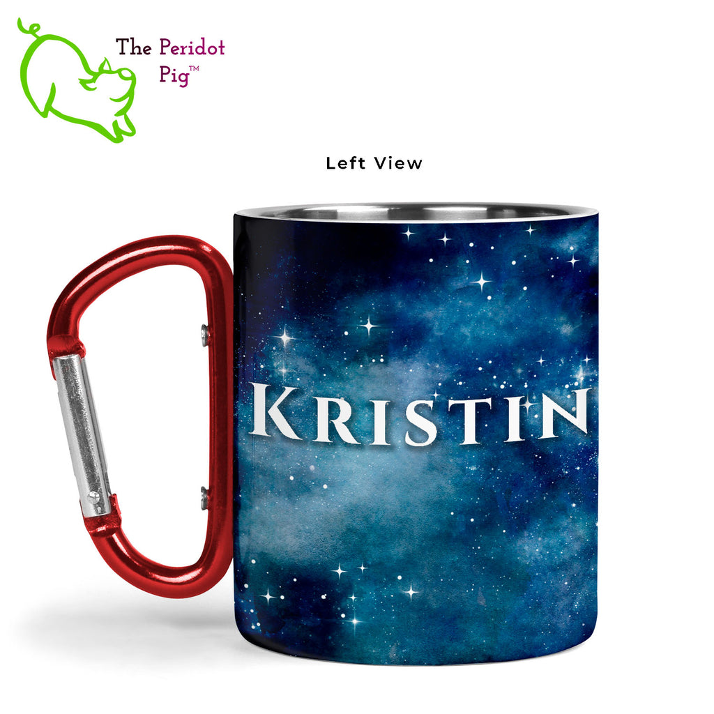 Introducing a wonderful 11 oz stainless steel mug with a vivid, permanent sublimation print. The mug has a red carabiner handle. Double walled, vacuum insulated to keep your coffee warm around the campfire. This light weight, durable mug is great for camping, backpacking or hiking. This version is personalized with the text of your choice. Starry Night shown, left view with sample text.