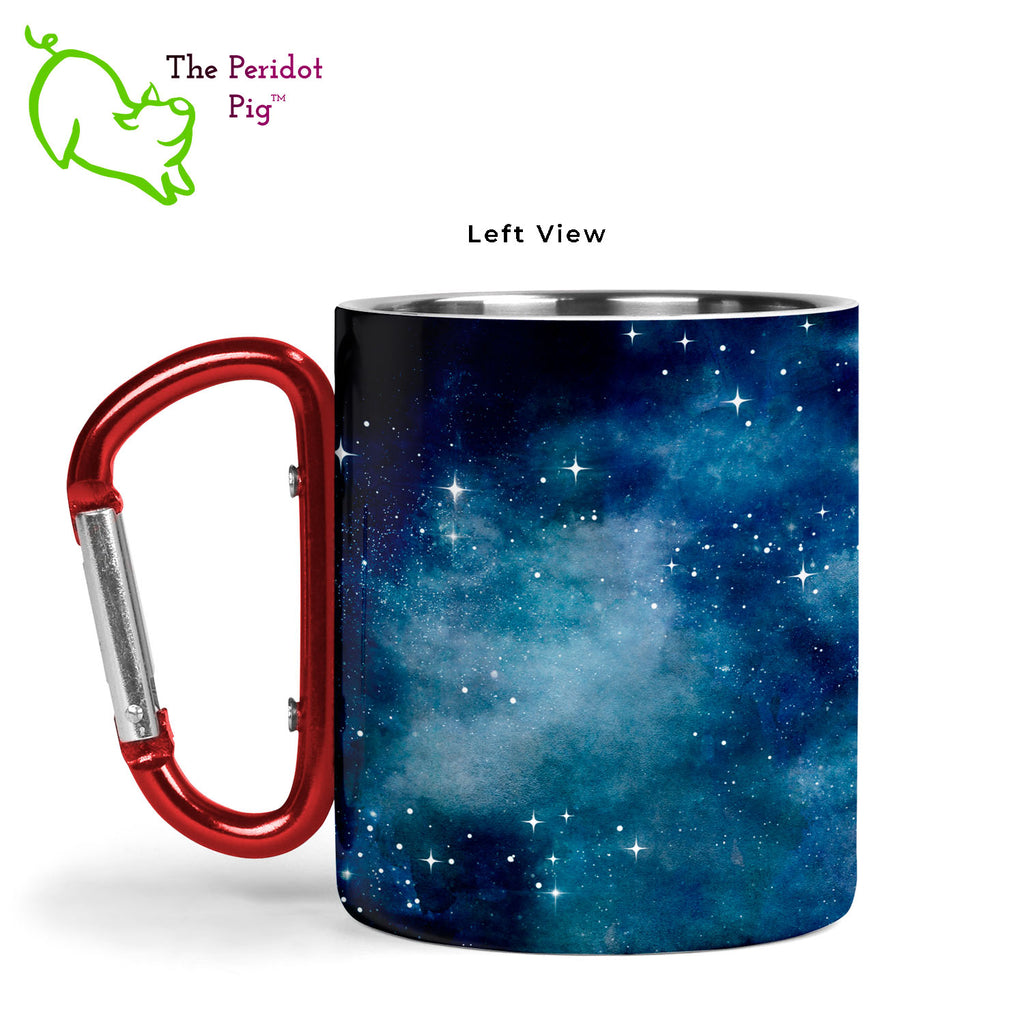 Introducing a wonderful 11 oz stainless steel mug with a vivid, permanent sublimation print. The mug has a red carabiner handle. Double walled, vacuum insulated to keep your coffee warm around the campfire. This light weight, durable mug is great for camping, backpacking or hiking. Starry night shown, left view.