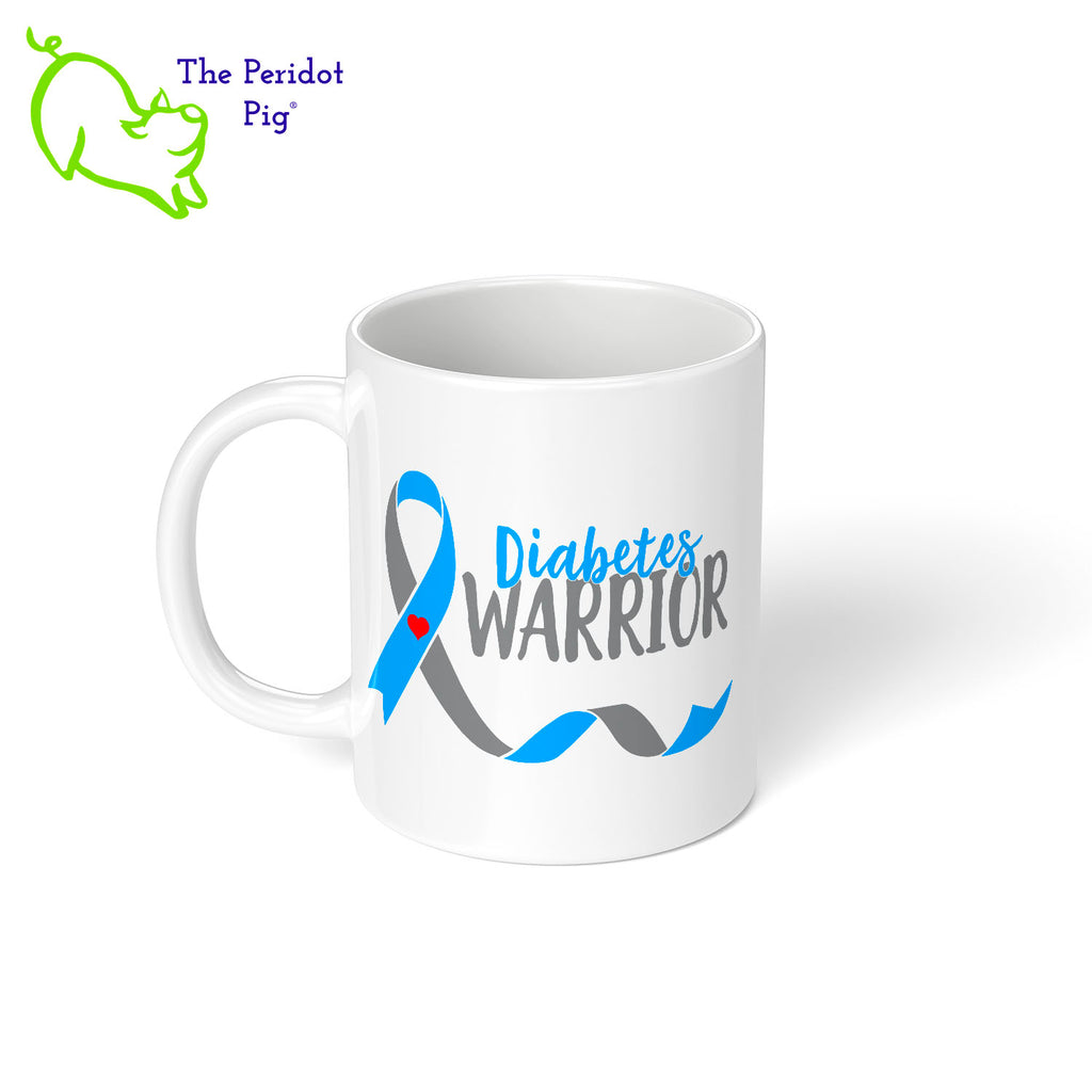 November is National Diabetes Month and these are the perfect mug to celebrate Diabetes awareness. Printed using vivid sublimation inks, these mugs won't fade or peel over time. The text says "Diabetes Warrior" with the Diabetes blue and gray ribbon featured on both front and back. Left view shown.