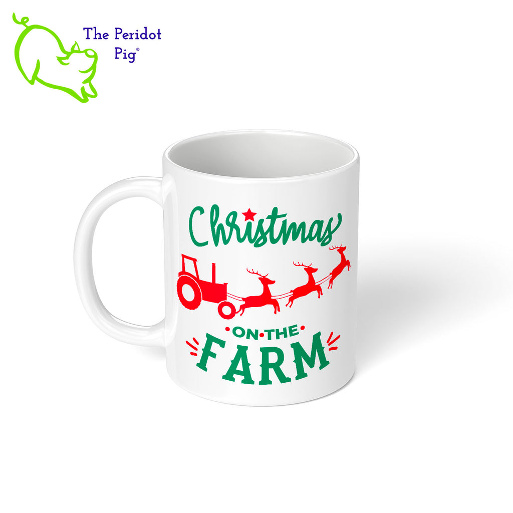 We live in Ohio and still regularly see tractors heading down the road from field to field.  When we saw this mug design, we had to have it! It would make the perfect gift for the farmer, gardener or rural friend. The design is printed in vivid, permanent color on both the front and back of the mug.  It's says, "Christmas on the Farm" with a little tractor being pulled by flying reindeer! Left view shown.