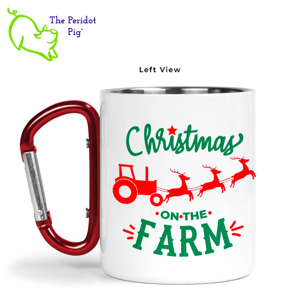 We live in Ohio and still regularly see tractors heading down the road from field to field. When we saw this mug design, we had to have it! It would make the perfect gift for the farmer, gardener or rural friend. The design is printed in vivid, permanent color on both the front and back of the mug. It's says, "Christmas on the Farm" with a little tractor being pulled by flying reindeer! Left view shown.