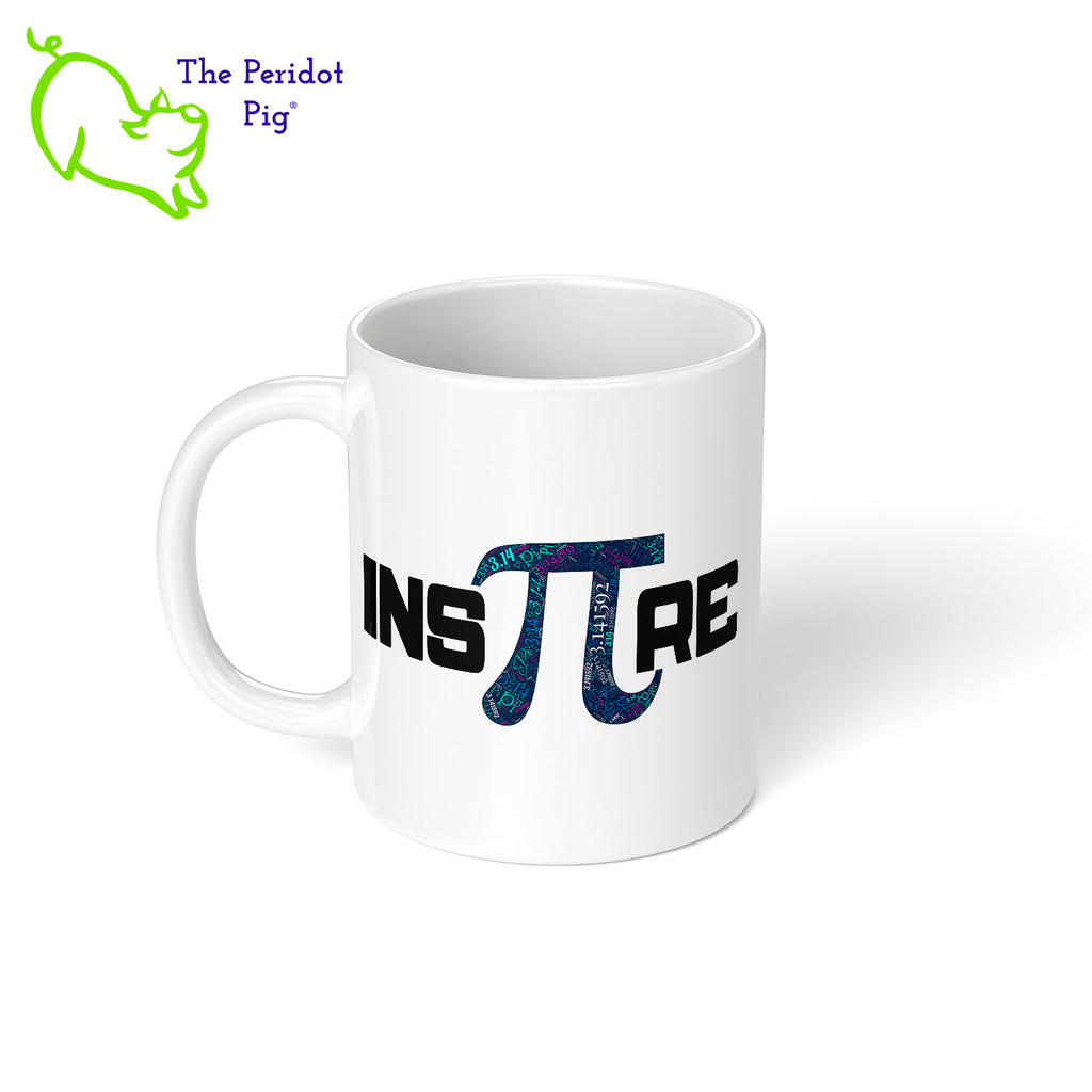 Celebrate your love of mathematics every day with this InsPIre mug. A white glossy ceramic mug has our colorful PI inspire motif printed on it, making it the perfect accessory for math-lovers. Left view shown.