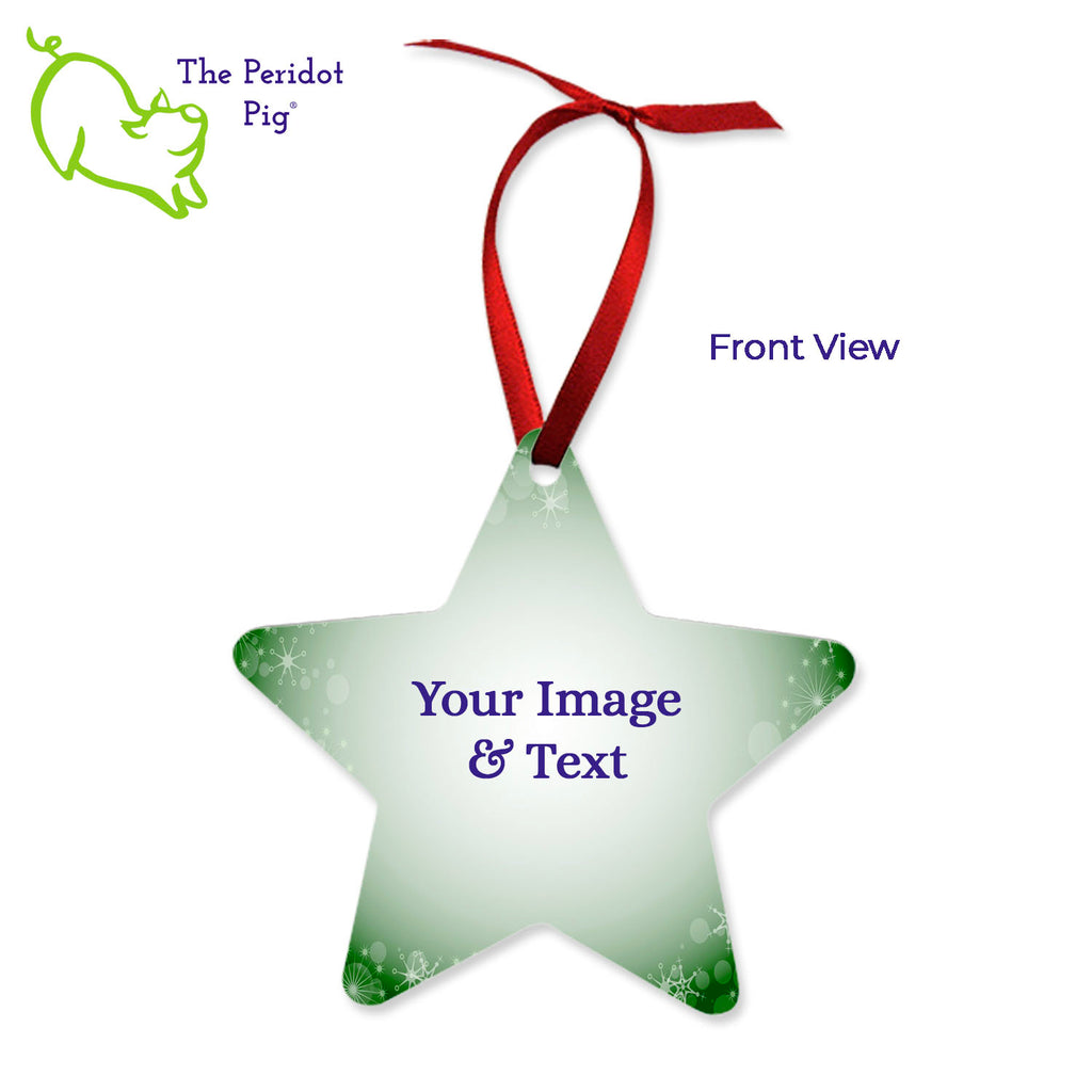 This ornament is perfect for the star in your life. We've shown them here with the name and year on the back with a fun Christmas candy stripe pattern. On the front, choose from 5 different border styles. This style is best with the text on the back but we can customize it in many different ways. Front view shown.