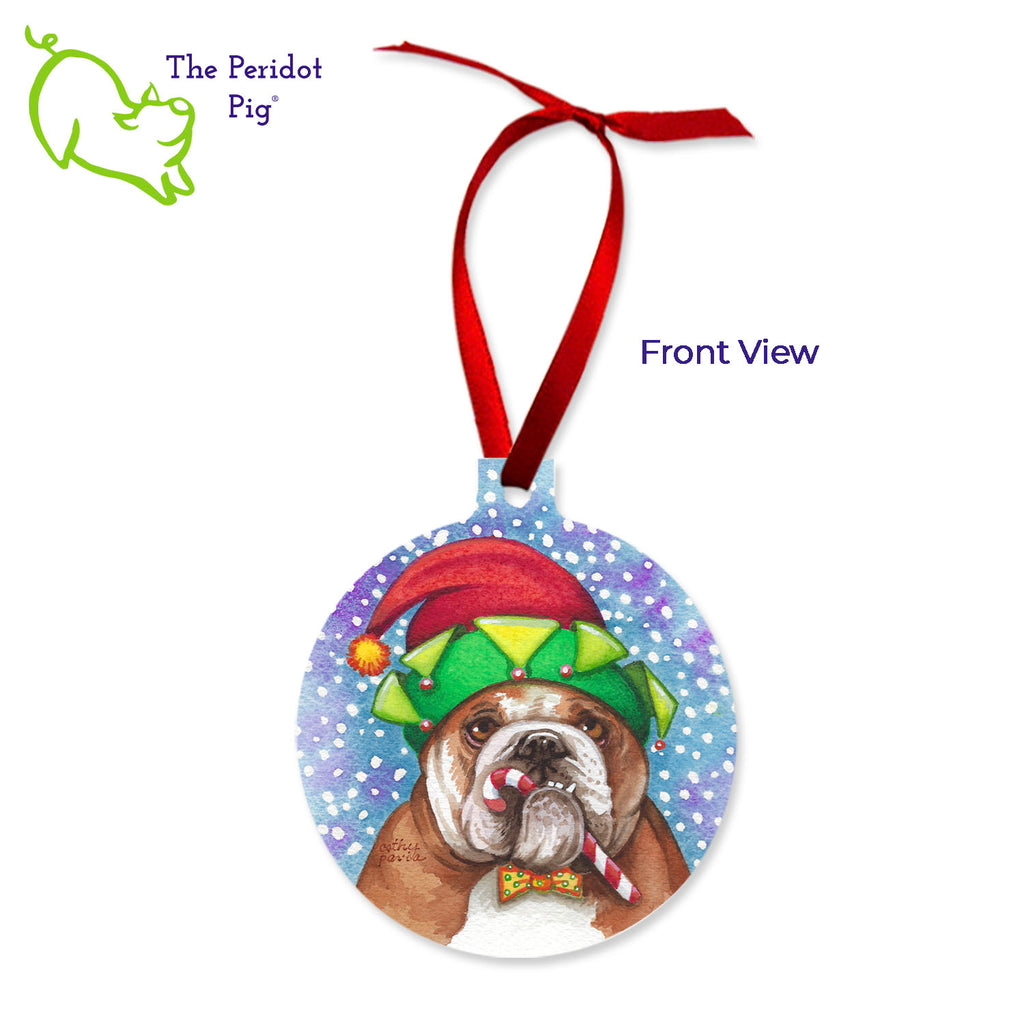 This ornament features the colorful artwork of Cathy Pavia. On the front, you have a lovely English Bulldog chewing on a candy cane with a festive holiday hat and bowtie. On the back, the ornament can be customized with your pet's name, year or any text of your choice. Front view shown.