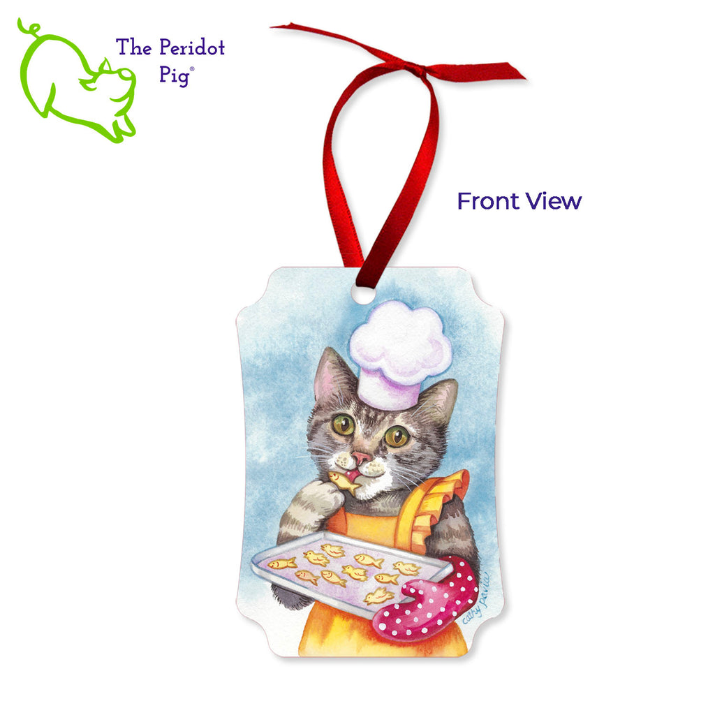 Why wait for Christmas?? This ornament features the colorful artwork of Cathy Pavia and would be the perfect gift for a cat lover or chef. You have a cool cooking kitty on the front, baking some little kitty snacks. They're dressed in a bright apron, chef's hat and a polka dot oven mitt. On the back, we continued the polka dot theme and added a section for your personalization. We've shown it here with a name and date but you can add almost any text. Front view shown.