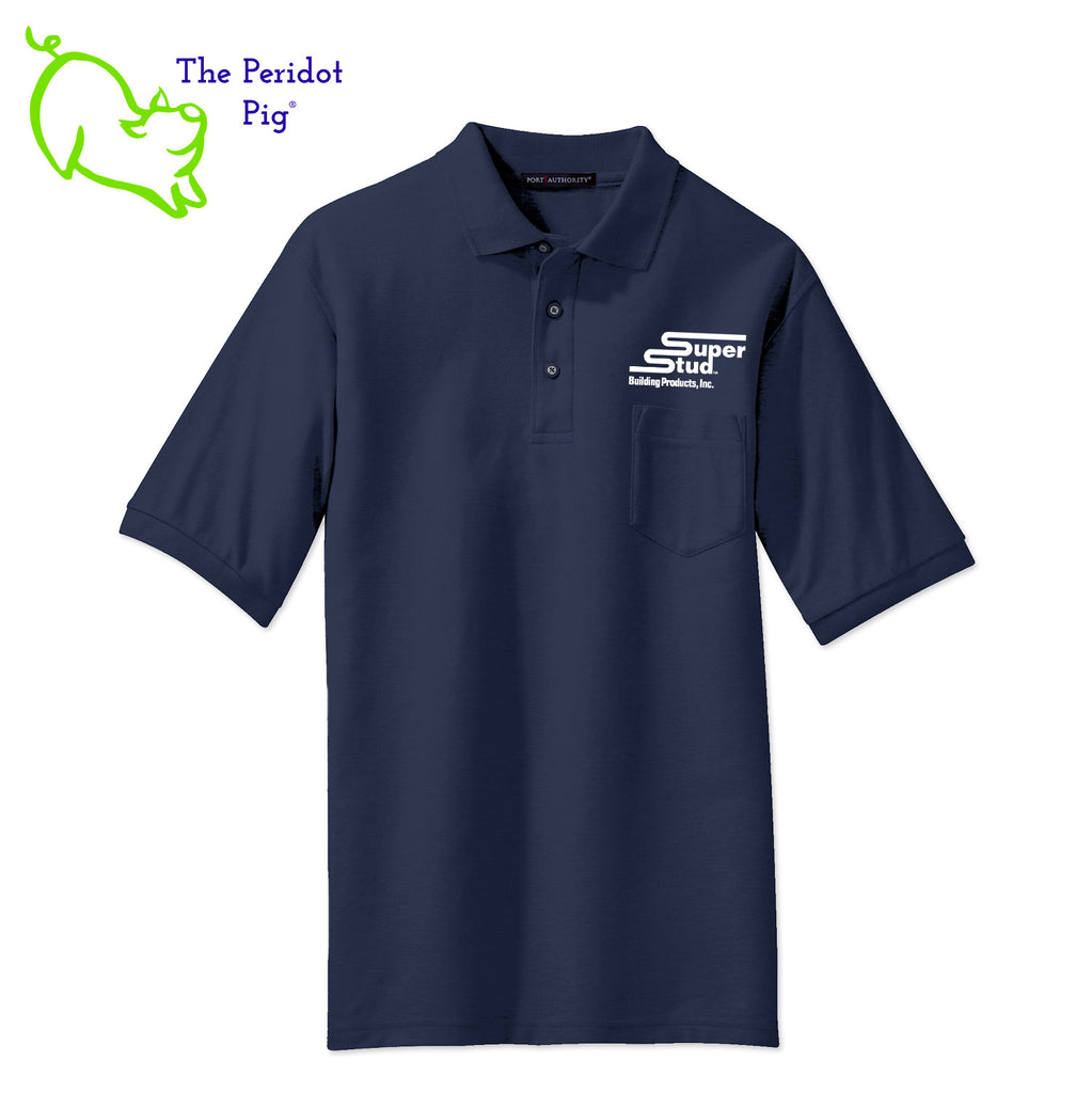 Our popular Silk Touch™ tall polo—enhanced with a left chest pocket. This one features the Super Stud logo above the pocket. Front view in Navy.